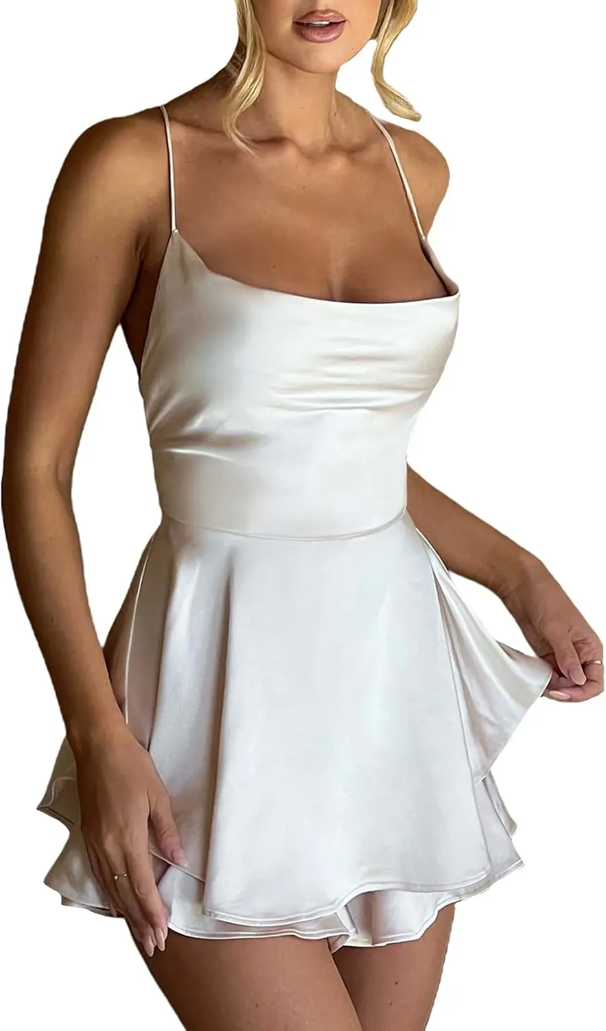 Women White Mini Dress Y2K Vintage Lace Patchwork A line Dress Summer Party Vacation Short Graduation Dresses