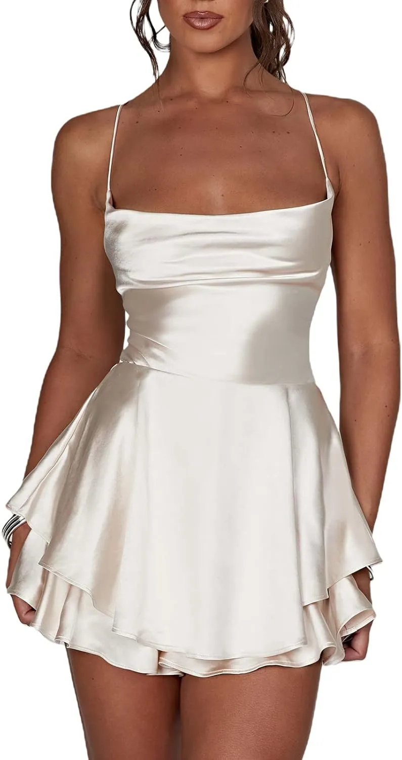 Women White Mini Dress Y2K Vintage Lace Patchwork A line Dress Summer Party Vacation Short Graduation Dresses