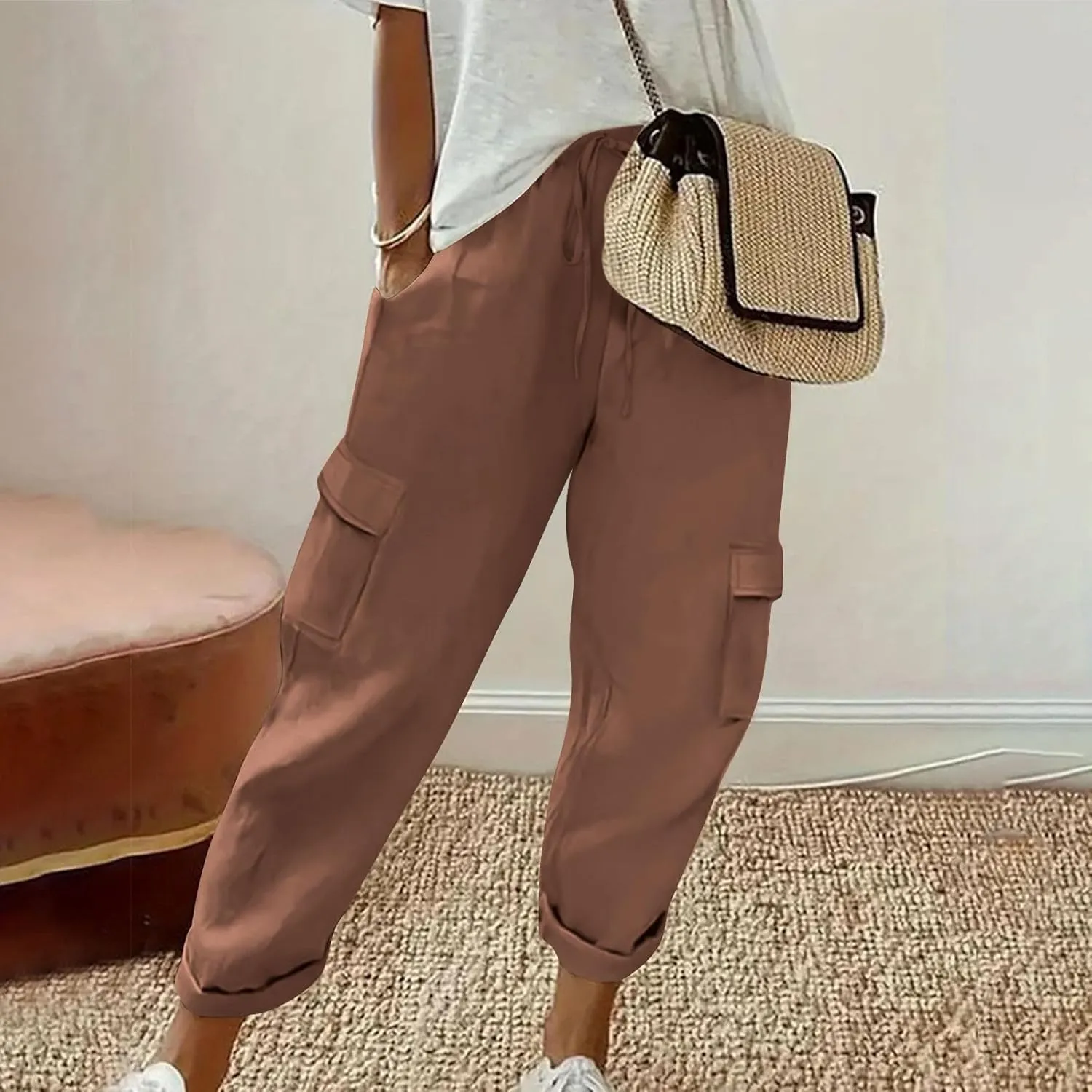 Women Wide Leg Sweatpant Fashion Solid Color Baggy Casual Comfy Harem Pants Drawstring Elastic Waist Cargo Trouser