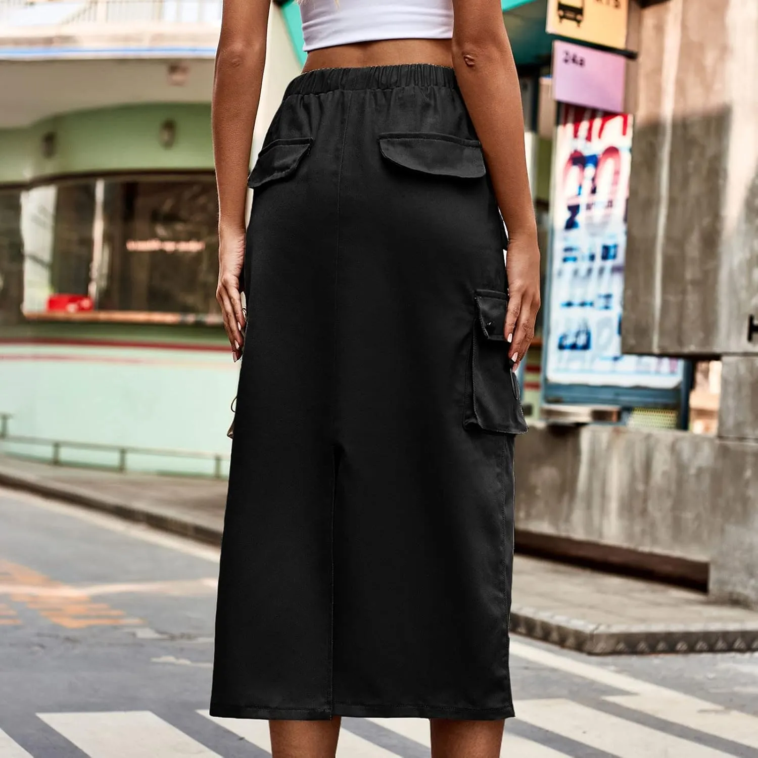 Women Y2k Drawstring Cargo Denim Skirt High Waist Ruched Parachute Maxi Long Skirts Vintage Jean Skirt with Pockets