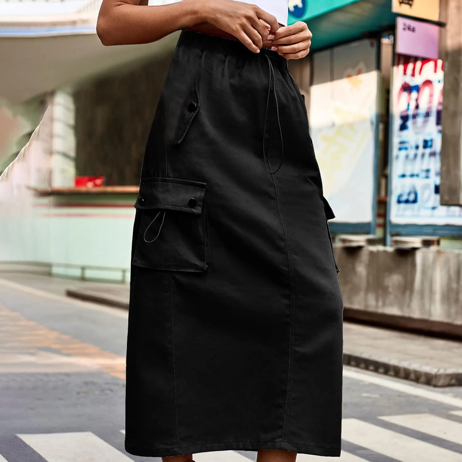 Women Y2k Drawstring Cargo Denim Skirt High Waist Ruched Parachute Maxi Long Skirts Vintage Jean Skirt with Pockets