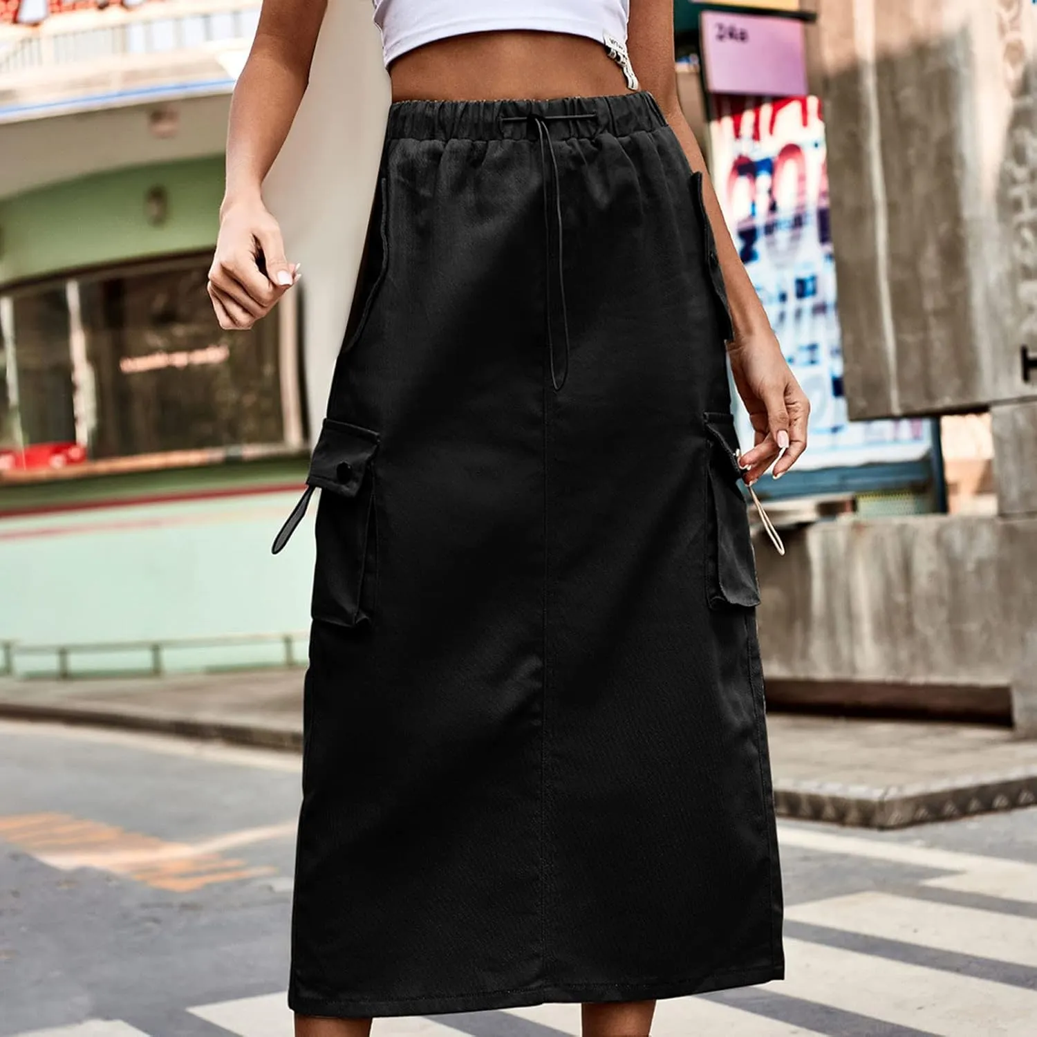 Women Y2k Drawstring Cargo Denim Skirt High Waist Ruched Parachute Maxi Long Skirts Vintage Jean Skirt with Pockets