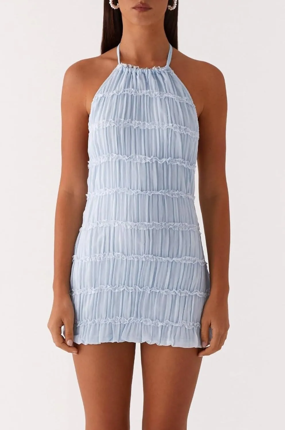 Women Y2k Halter Mini Dress Mesh Backless Ruffle Short Dress Boho Bodycon Beach Sundress Summer Streetwear