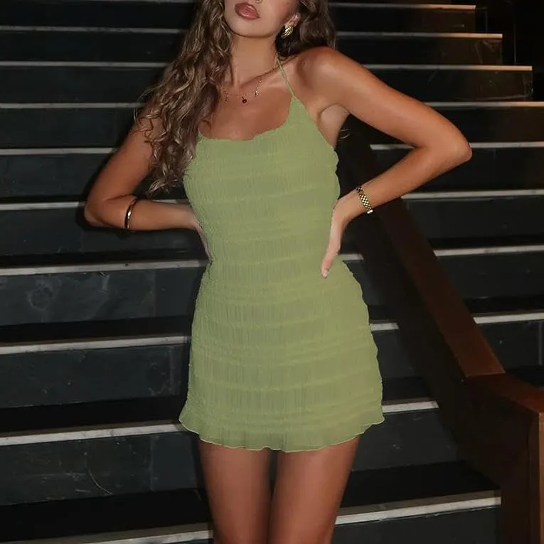Women Y2k Halter Mini Dress Mesh Backless Ruffle Short Dress Boho Bodycon Beach Sundress Summer Streetwear