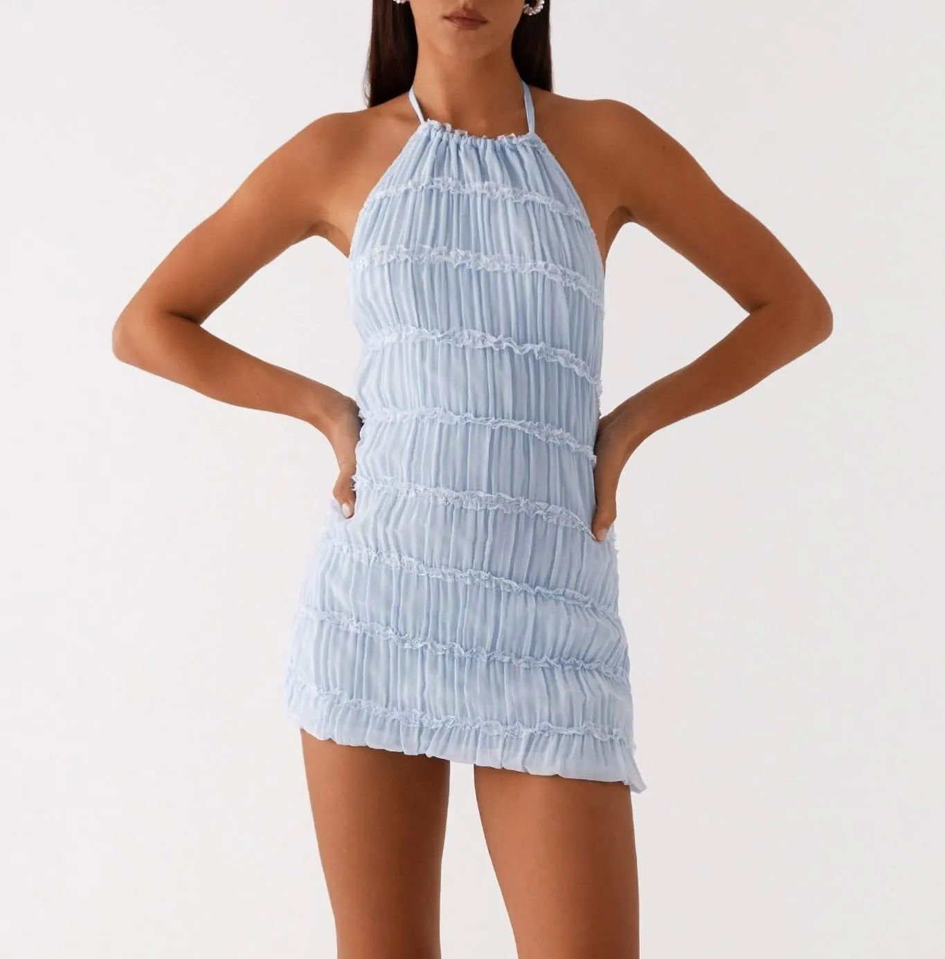 Women Y2k Halter Mini Dress Mesh Backless Ruffle Short Dress Boho Bodycon Beach Sundress Summer Streetwear
