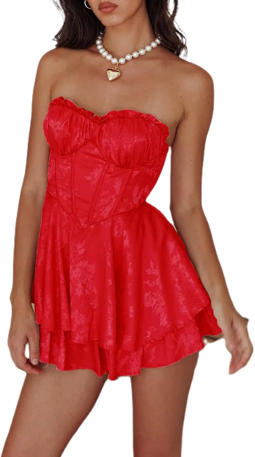 Women Y2k Satin Mini Dress Strapless Tube Short Dress Ruffle Flowy Mini Dress Going Out Party Clubwear