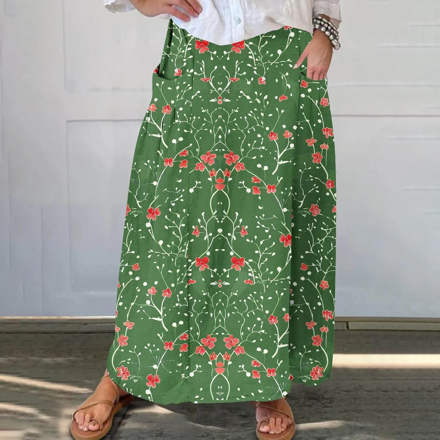 Womens 2025 Summer Boho Skirts Floral Print Midi Skirt with Pocket Plus Size Loose Flowy Beach Skirts