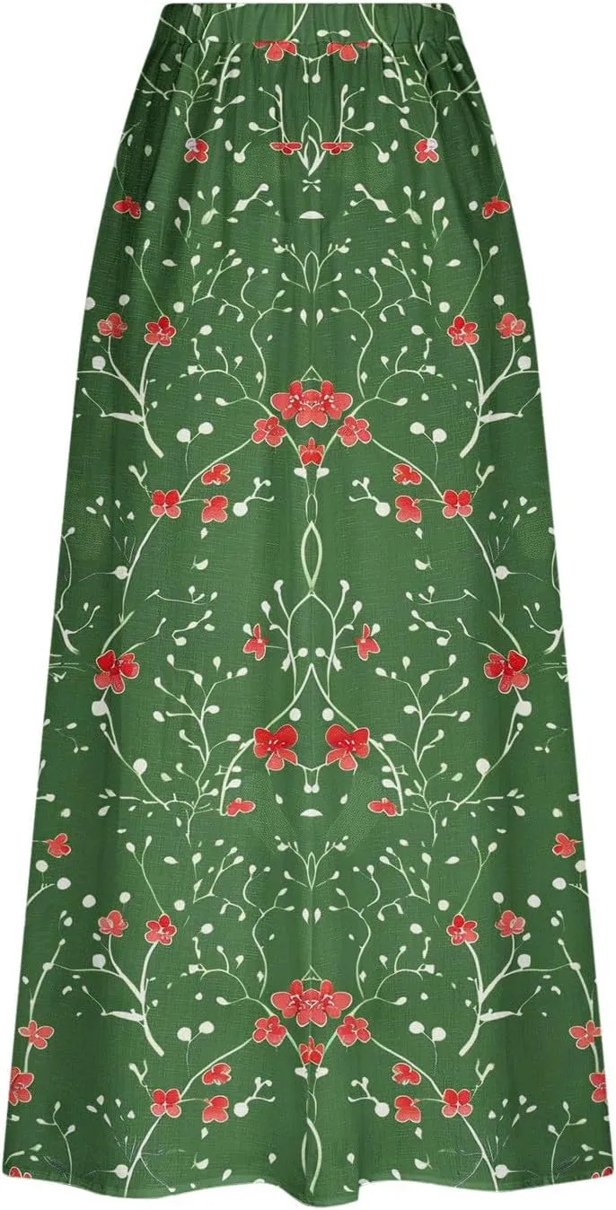 Womens 2025 Summer Boho Skirts Floral Print Midi Skirt with Pocket Plus Size Loose Flowy Beach Skirts