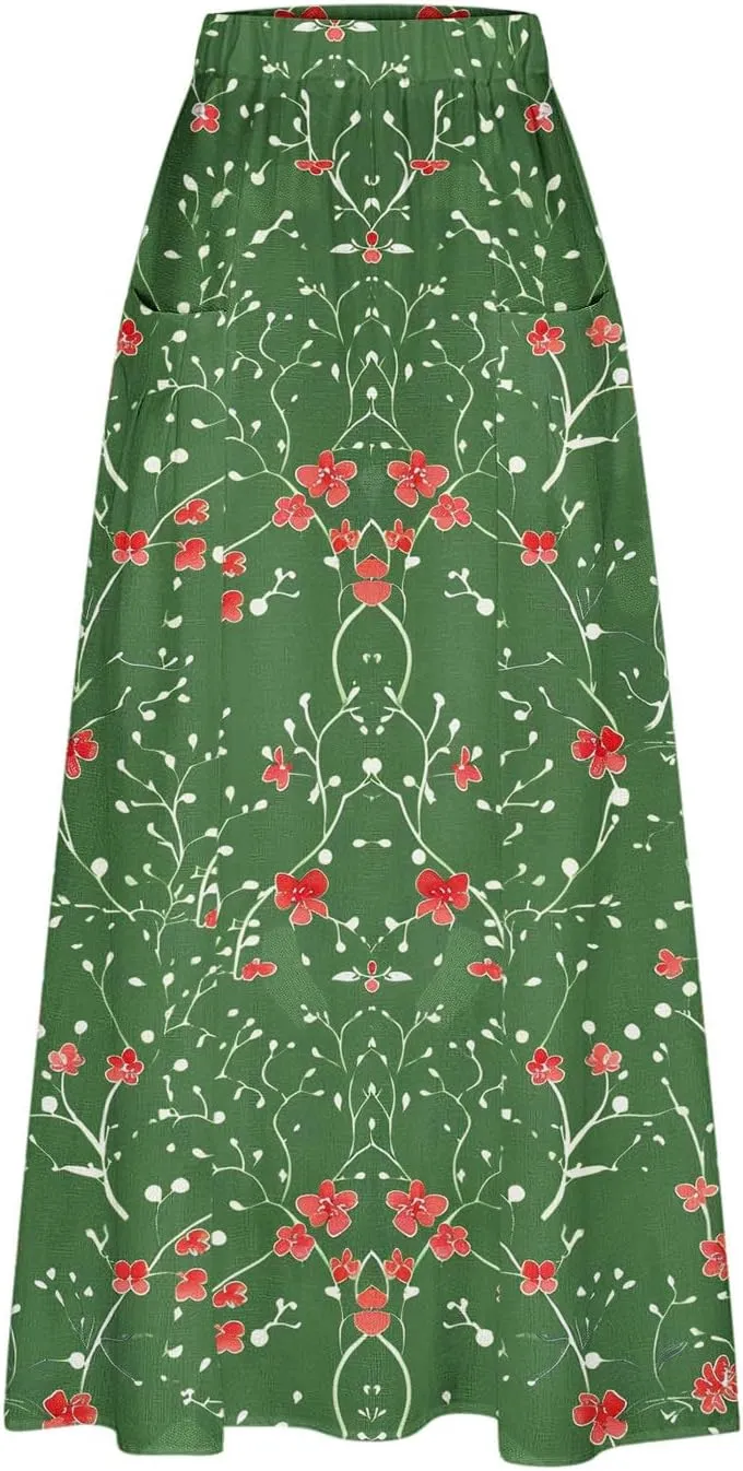 Womens 2025 Summer Boho Skirts Floral Print Midi Skirt with Pocket Plus Size Loose Flowy Beach Skirts