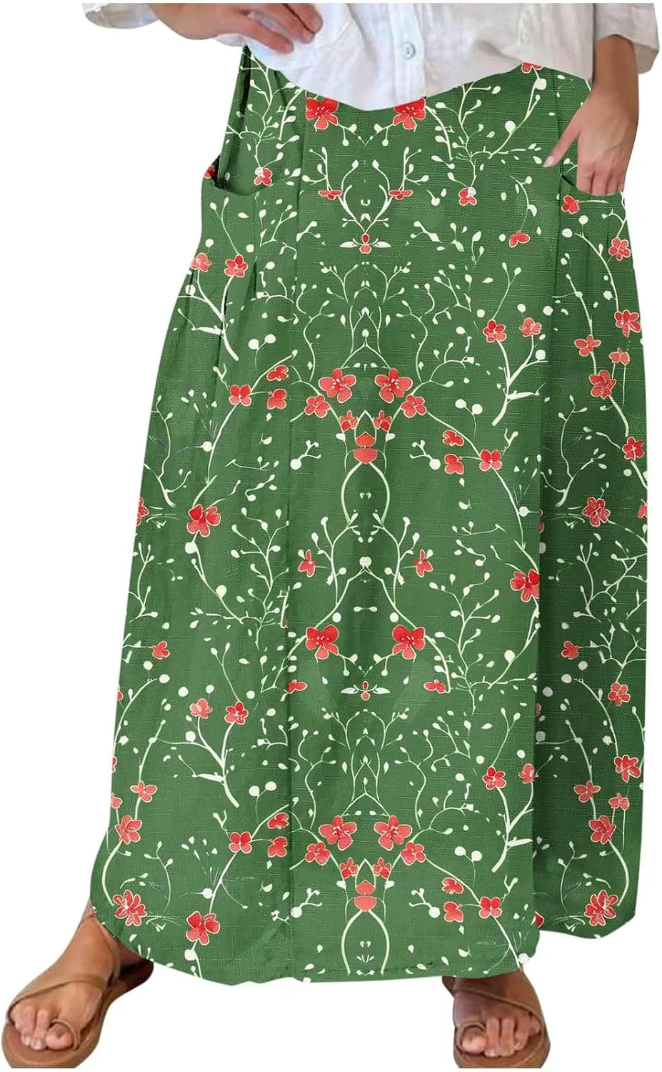 Womens 2025 Summer Boho Skirts Floral Print Midi Skirt with Pocket Plus Size Loose Flowy Beach Skirts