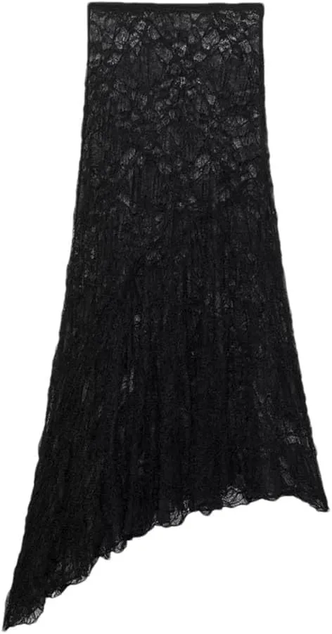 Womens Asymmetric Hem Lace Midi Skirt Office A-Line Solid Vintage Silk Skirt