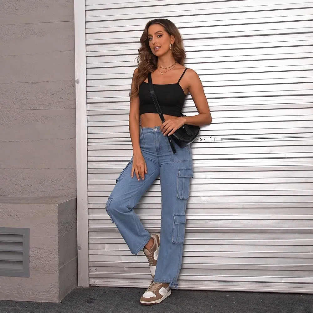 Women's Cargo Pants High Waisted Baggy Cargo Jeans Straight Leg Y2K Streetwear Trousers 8 Pockets for Women