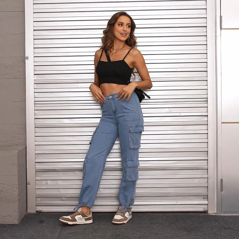 Women's Cargo Pants High Waisted Baggy Cargo Jeans Straight Leg Y2K Streetwear Trousers 8 Pockets for Women
