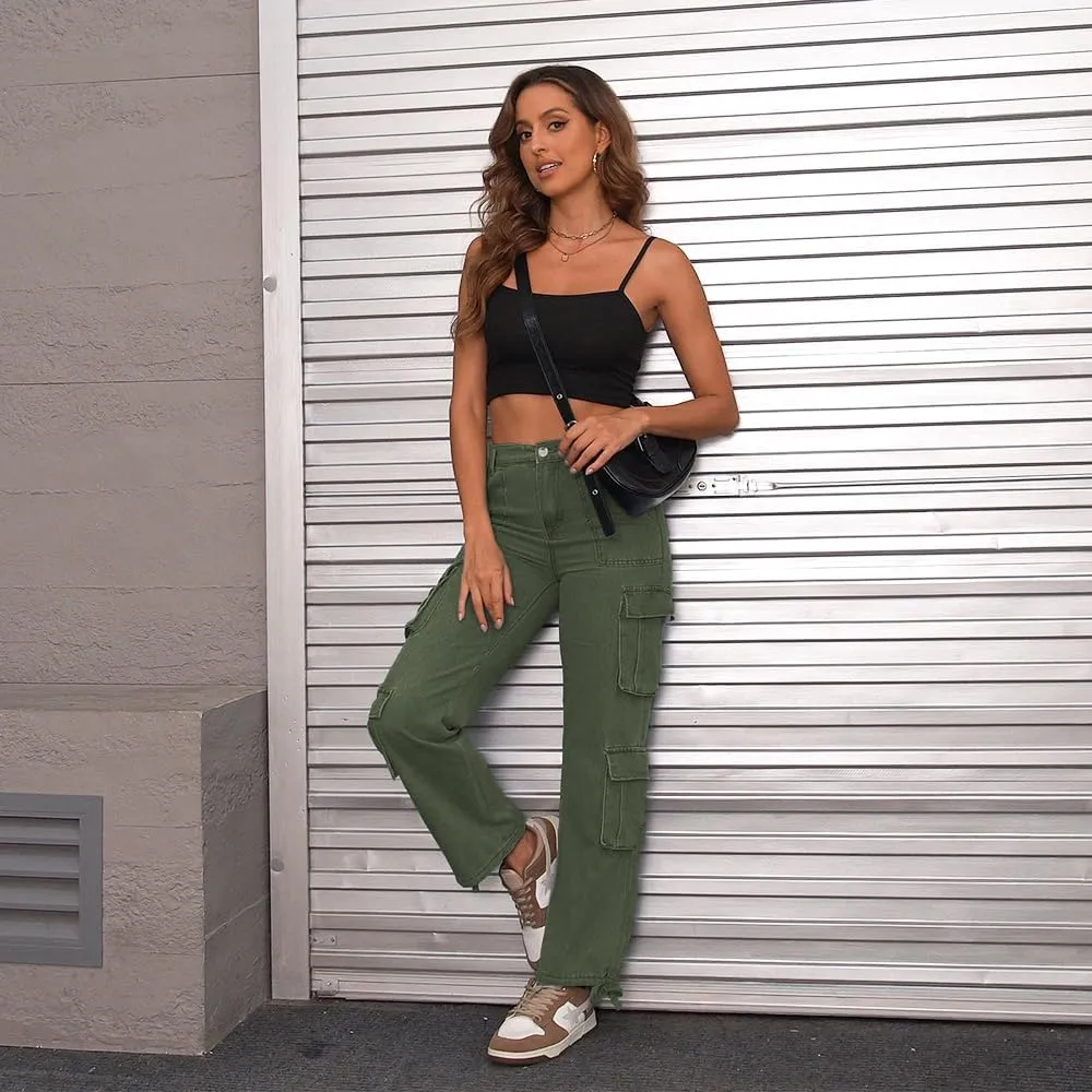 Women's Cargo Pants High Waisted Baggy Cargo Jeans Straight Leg Y2K Streetwear Trousers 8 Pockets for Women