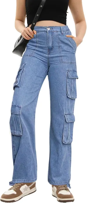 Women's Cargo Pants High Waisted Baggy Cargo Jeans Straight Leg Y2K Streetwear Trousers 8 Pockets for Women