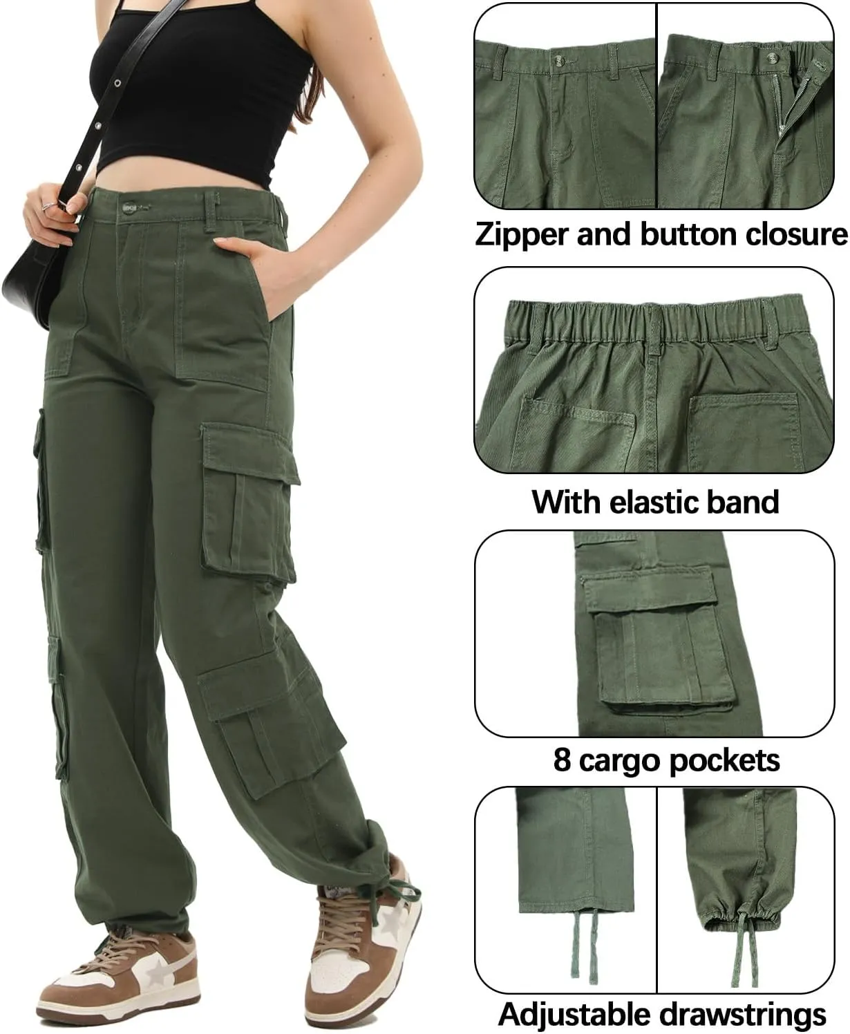 Women's Cargo Pants High Waisted Baggy Cargo Jeans Straight Leg Y2K Streetwear Trousers 8 Pockets for Women