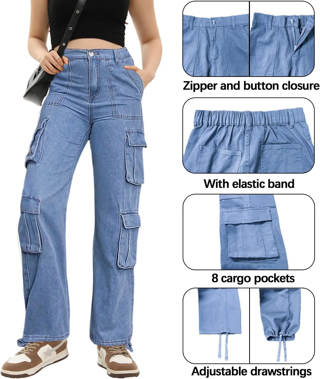 Women's Cargo Pants High Waisted Baggy Cargo Jeans Straight Leg Y2K Streetwear Trousers 8 Pockets for Women