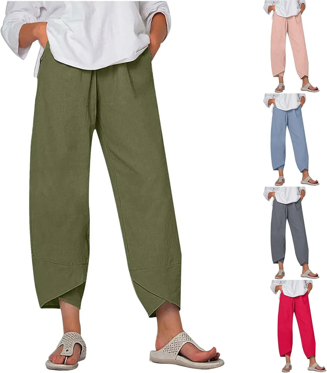 Womens Casual Linen Pants Cotton Harem Pants Plus Size Lounge Pants with Pockets Summer Pants Loose Straight Leg Pants
