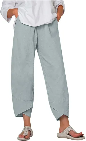 Womens Casual Linen Pants Cotton Harem Pants Plus Size Lounge Pants with Pockets Summer Pants Loose Straight Leg Pants
