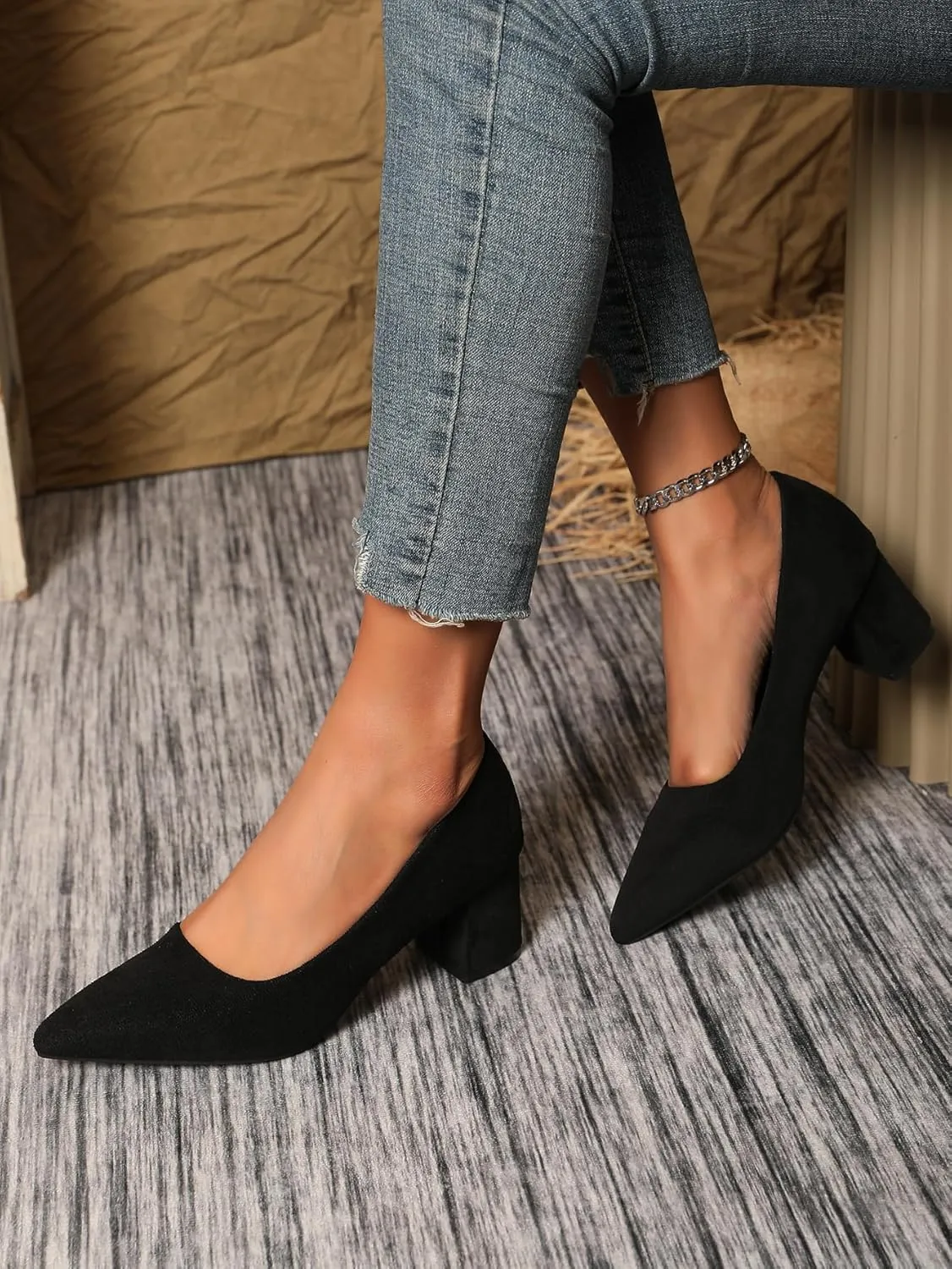Women's Chunky Block Heel Glitter Pointed Toe Classic Work Dress Pumps Slip On Closed Toe Mid Heels for Women Office Wedding Party Daily Ladies Shoes 2.36 Inch