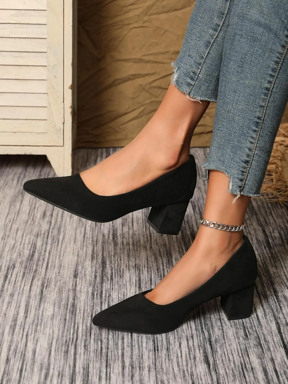 Women's Chunky Block Heel Glitter Pointed Toe Classic Work Dress Pumps Slip On Closed Toe Mid Heels for Women Office Wedding Party Daily Ladies Shoes 2.36 Inch