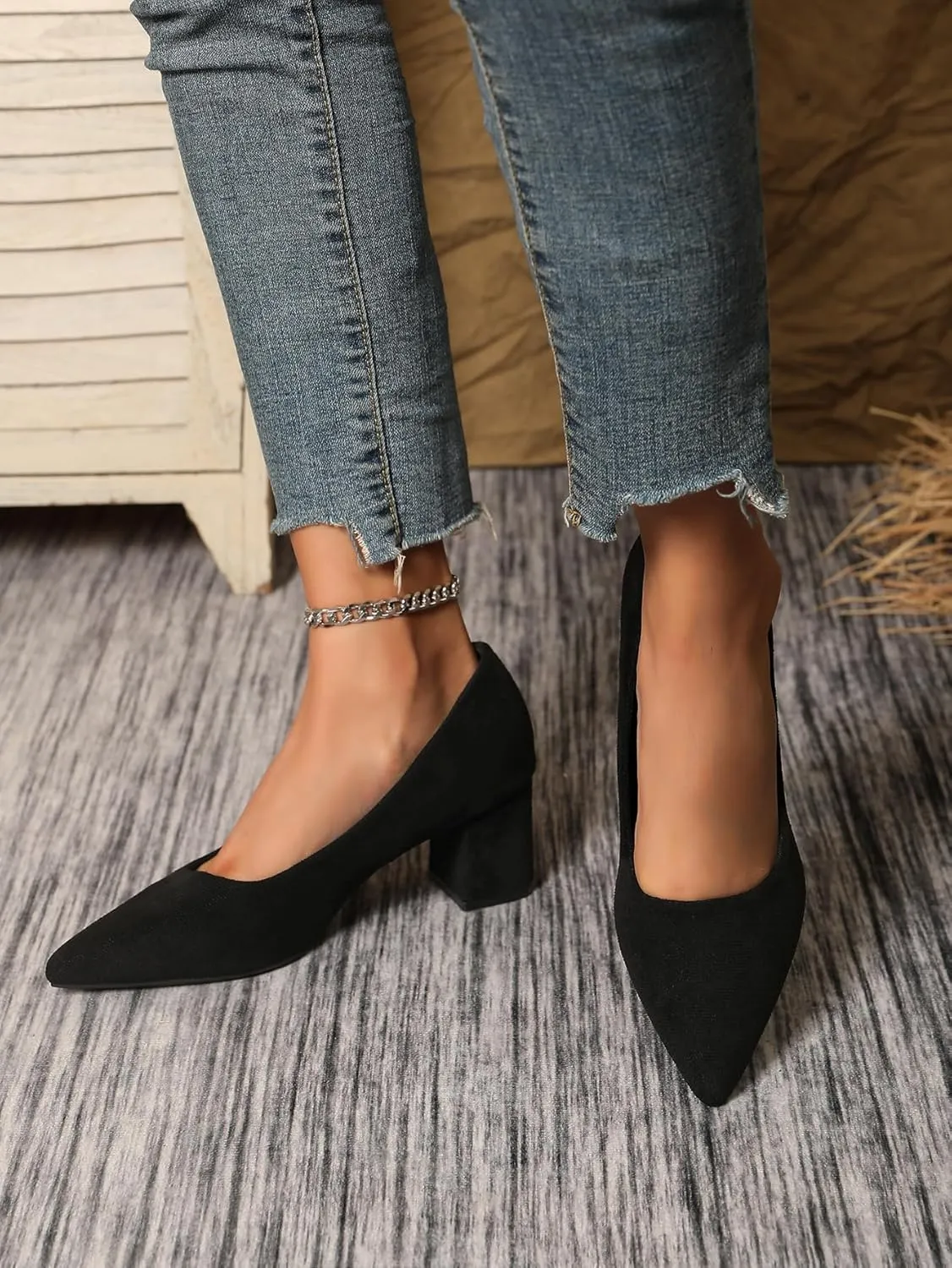 Women's Chunky Block Heel Glitter Pointed Toe Classic Work Dress Pumps Slip On Closed Toe Mid Heels for Women Office Wedding Party Daily Ladies Shoes 2.36 Inch