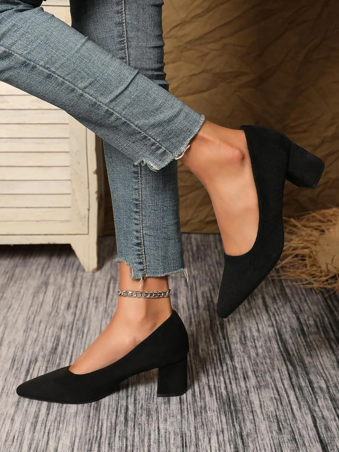 Women's Chunky Block Heel Glitter Pointed Toe Classic Work Dress Pumps Slip On Closed Toe Mid Heels for Women Office Wedding Party Daily Ladies Shoes 2.36 Inch