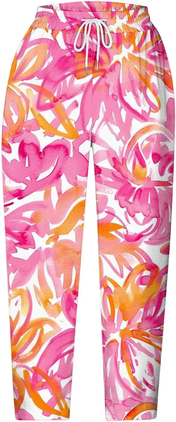 Womens Cropped Trousers Elastic High Waist Wide Leg Capri Pants Comfy Loose Fit Tie-dye Print Pants Fashion Trousers