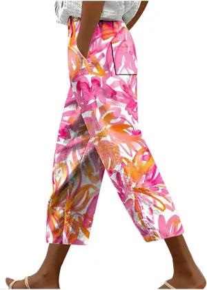 Womens Cropped Trousers Elastic High Waist Wide Leg Capri Pants Comfy Loose Fit Tie-dye Print Pants Fashion Trousers