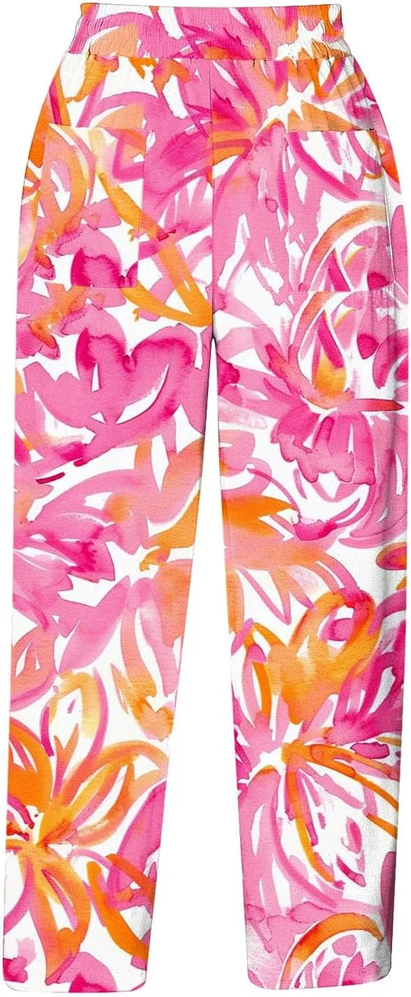 Womens Cropped Trousers Elastic High Waist Wide Leg Capri Pants Comfy Loose Fit Tie-dye Print Pants Fashion Trousers