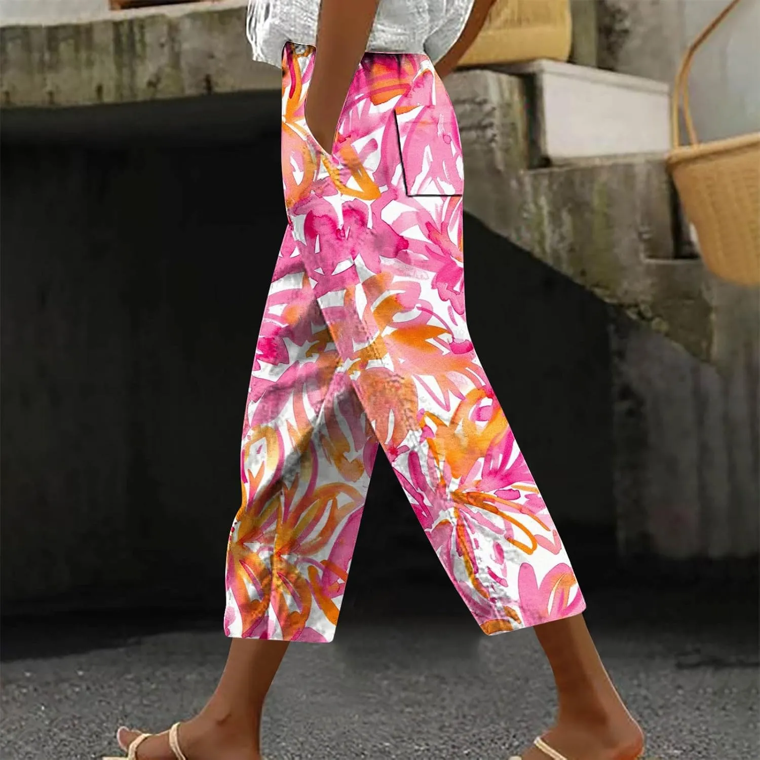 Womens Cropped Trousers Elastic High Waist Wide Leg Capri Pants Comfy Loose Fit Tie-dye Print Pants Fashion Trousers