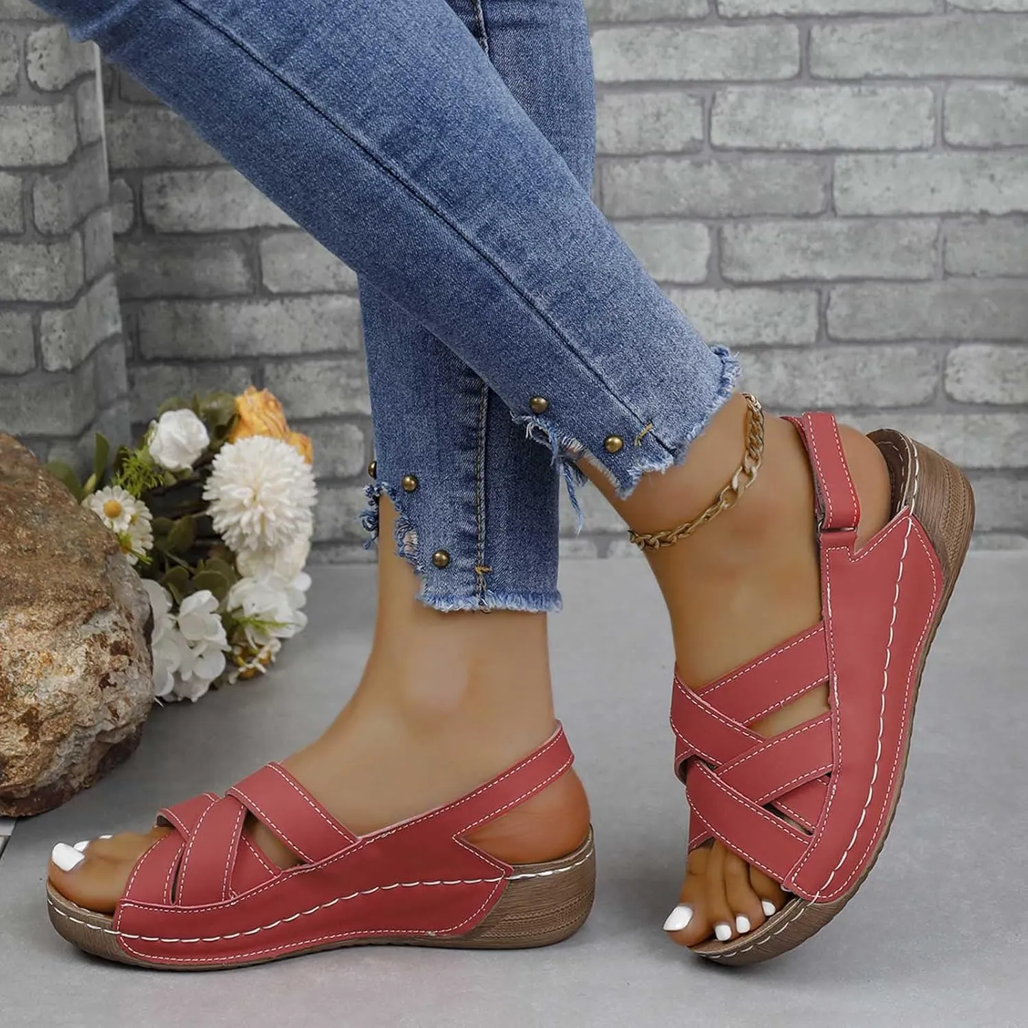 Women's Cross Strappy Orthopedic Sandal Hook and Loop Casual Shoe Chunky Solid Open Toe Sandals Summer Breathe Shoes