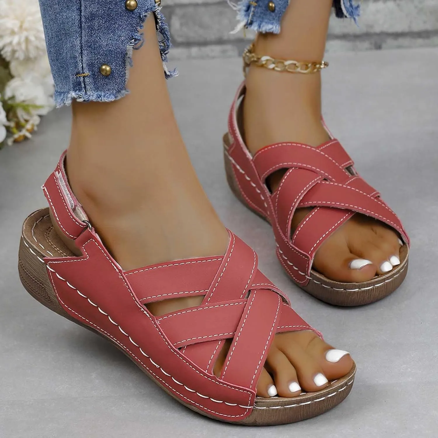 Women's Cross Strappy Orthopedic Sandal Hook and Loop Casual Shoe Chunky Solid Open Toe Sandals Summer Breathe Shoes