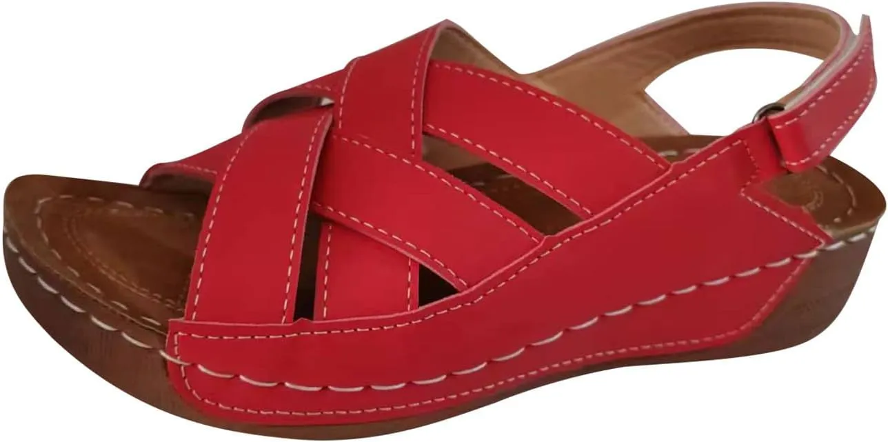 Women's Cross Strappy Orthopedic Sandal Hook and Loop Casual Shoe Chunky Solid Open Toe Sandals Summer Breathe Shoes