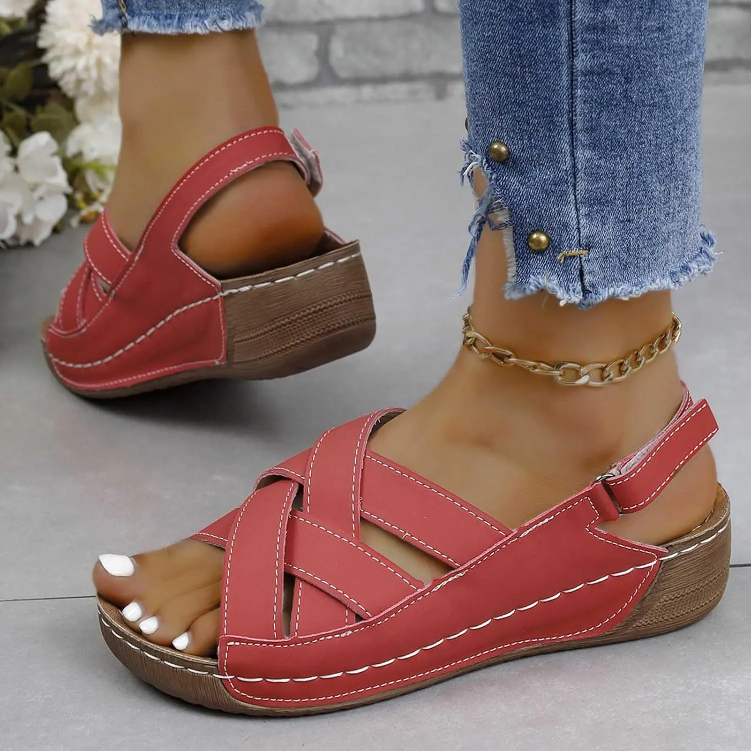 Women's Cross Strappy Orthopedic Sandal Hook and Loop Casual Shoe Chunky Solid Open Toe Sandals Summer Breathe Shoes