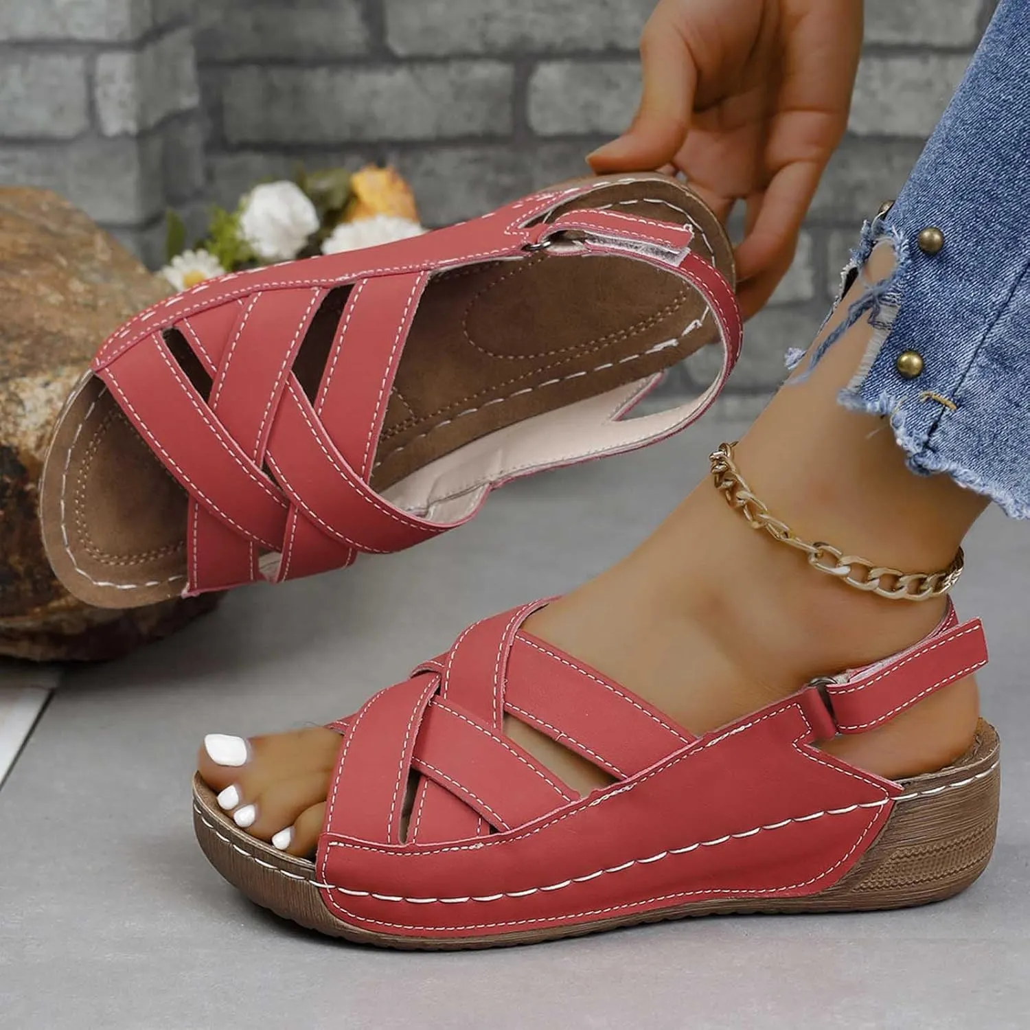 Women's Cross Strappy Orthopedic Sandal Hook and Loop Casual Shoe Chunky Solid Open Toe Sandals Summer Breathe Shoes