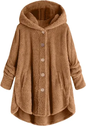 Womens Cute Home Hooded Fleece Coat Single Breasted Long Sleeve Outwear Comfort Loose Warm Overcoat Fall Winter Clothes