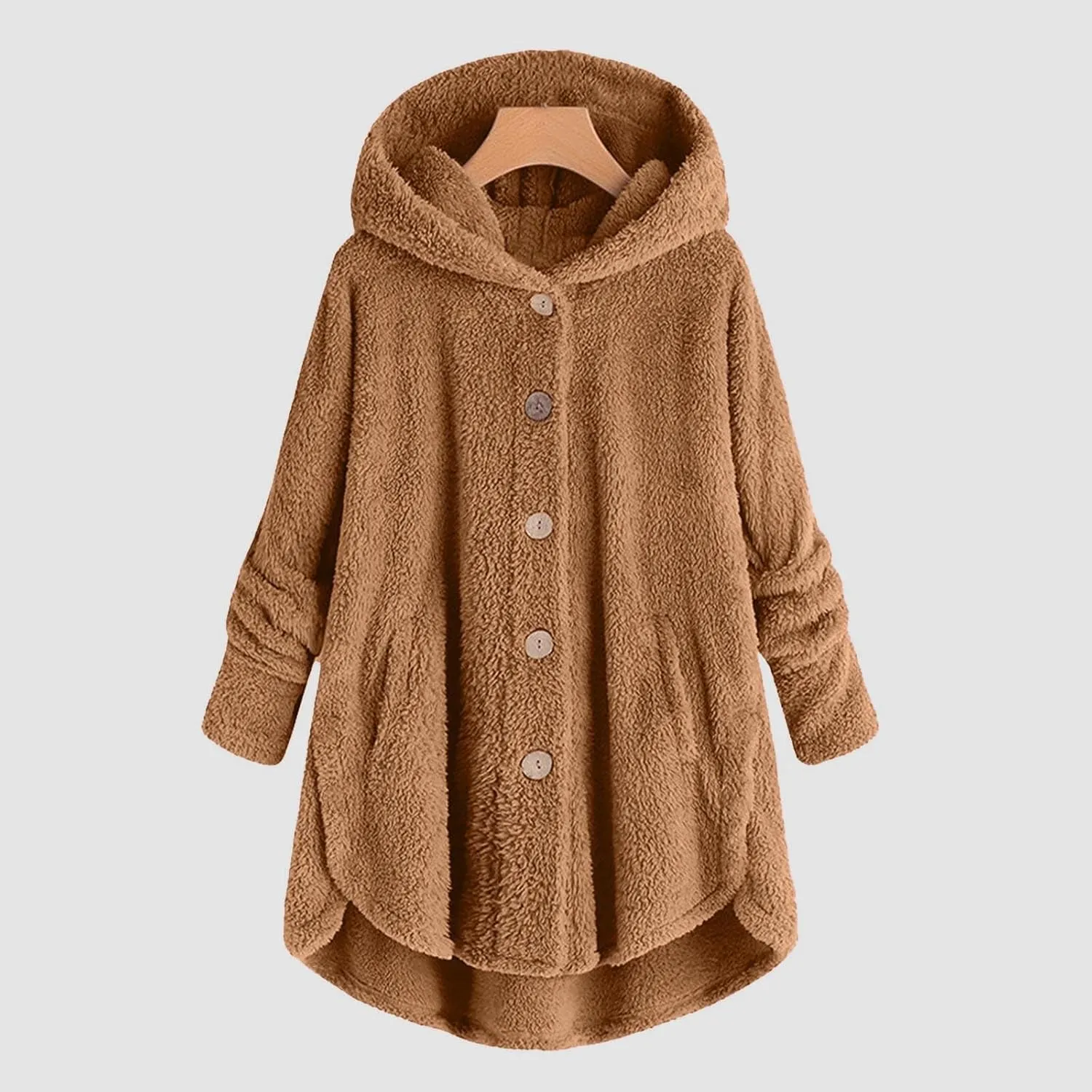 Womens Cute Home Hooded Fleece Coat Single Breasted Long Sleeve Outwear Comfort Loose Warm Overcoat Fall Winter Clothes