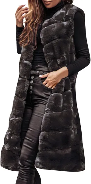 Womens Faux Fur Vest Sleeveless Long Fuzzy Fleece Jacket Crewneck Winter Warm Oversized Cardigan Coats