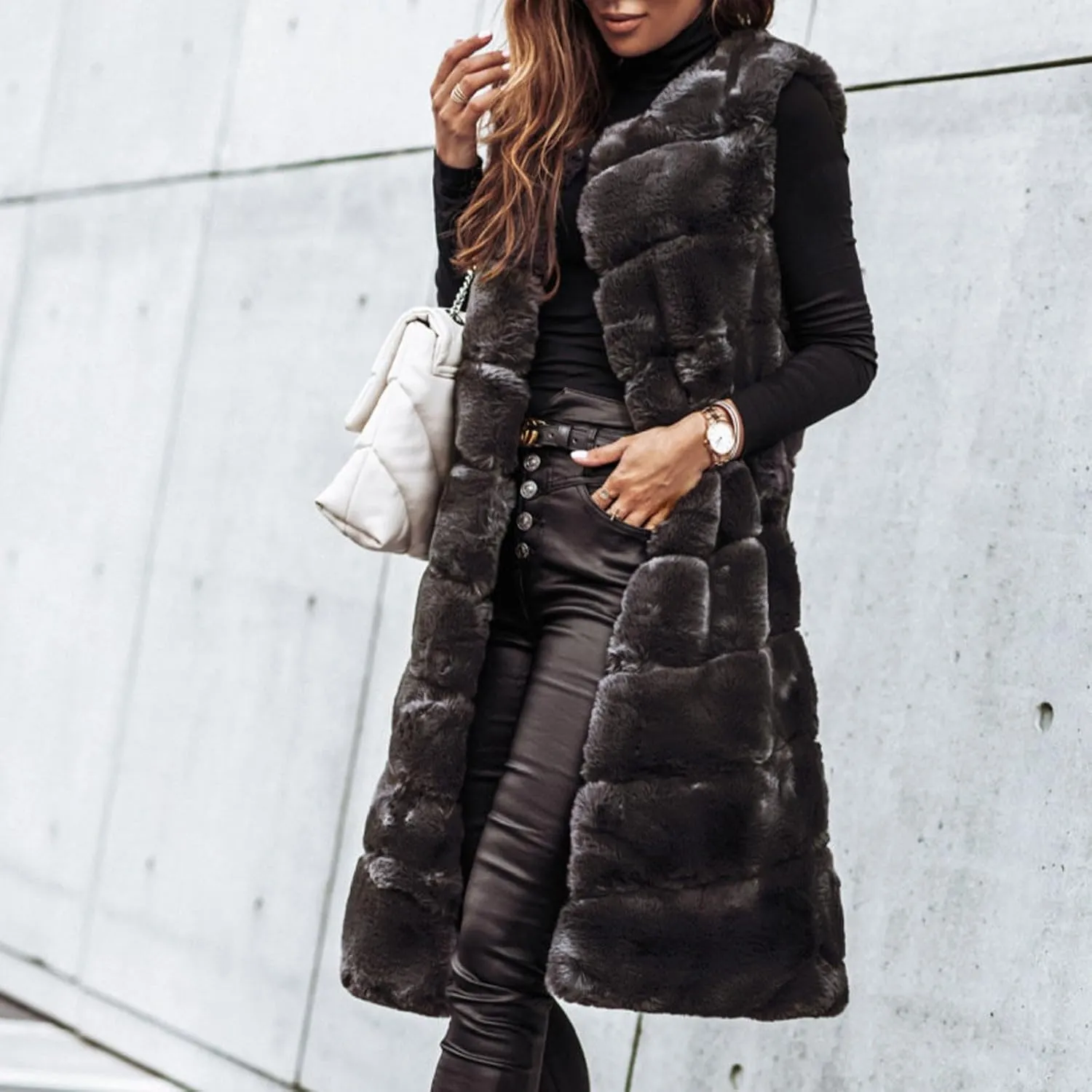 Womens Faux Fur Vest Sleeveless Long Fuzzy Fleece Jacket Crewneck Winter Warm Oversized Cardigan Coats