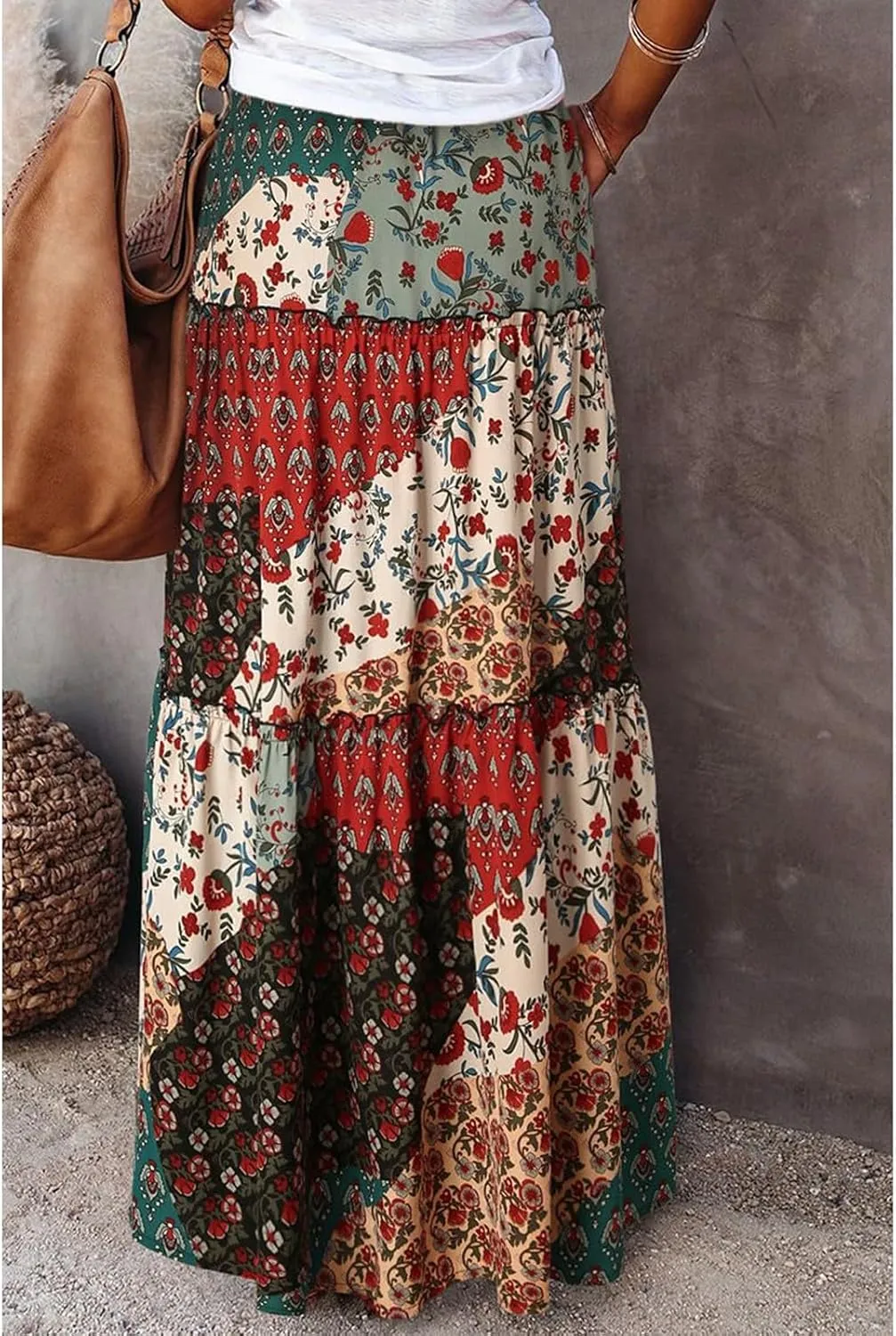 Women's Floral Print Midi Skirts 2025 Summer Aline Elastic High Waist Pleated Flowy Long Skirt Pockets Cute Skirts