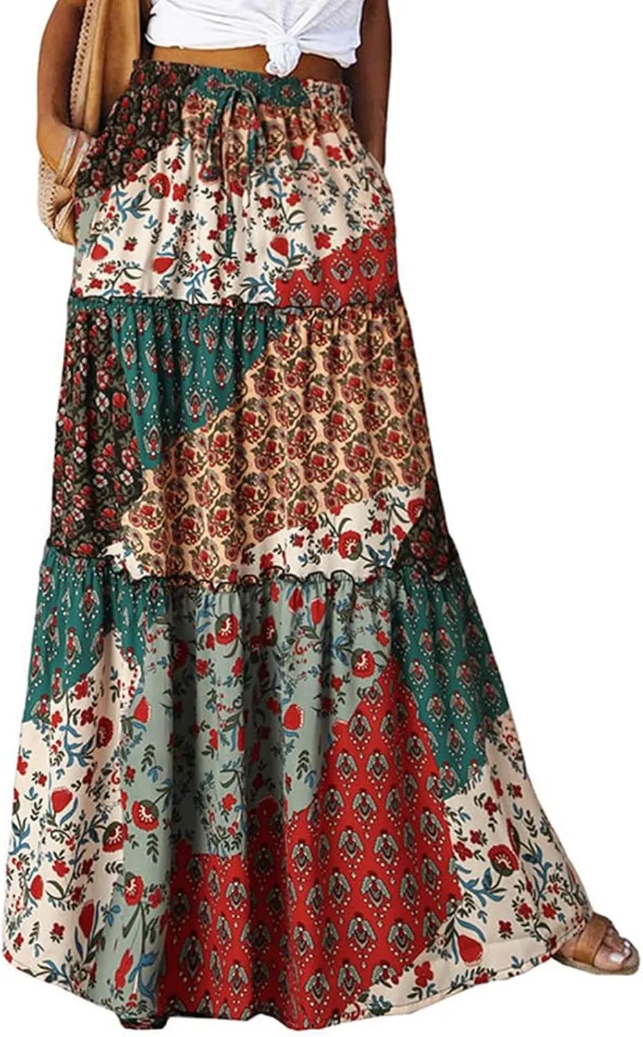 Women's Floral Print Midi Skirts 2025 Summer Aline Elastic High Waist Pleated Flowy Long Skirt Pockets Cute Skirts