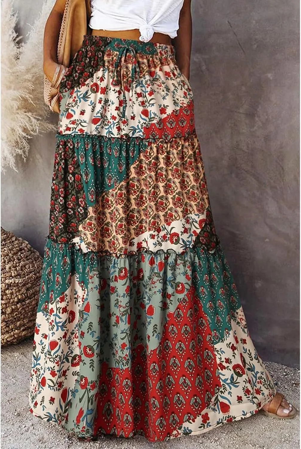 Women's Floral Print Midi Skirts 2025 Summer Aline Elastic High Waist Pleated Flowy Long Skirt Pockets Cute Skirts