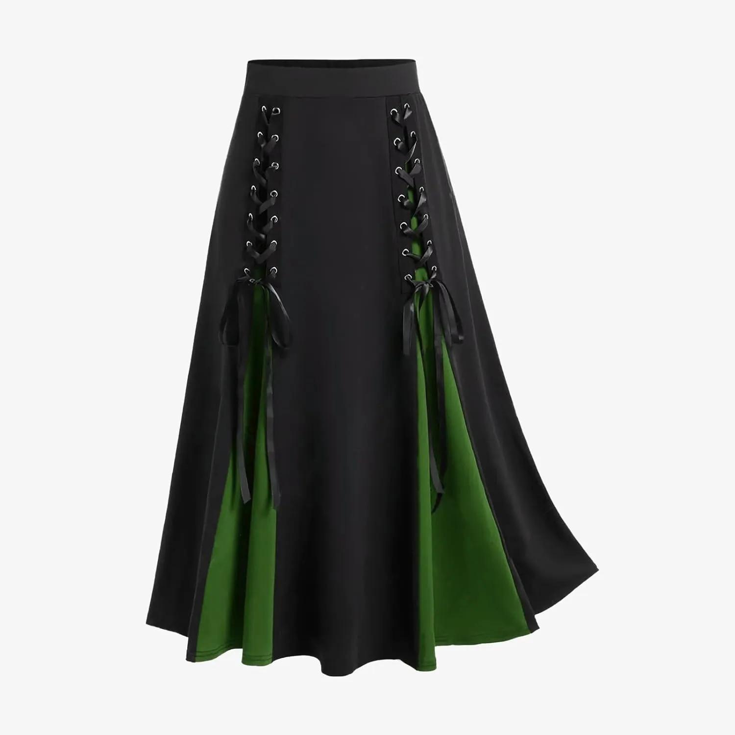 Womens Gothic Long Skirts Pleated Patchwork Dresses Medieval Lace Up Midi Pleated Skirts Victorian Steampunk Skirts