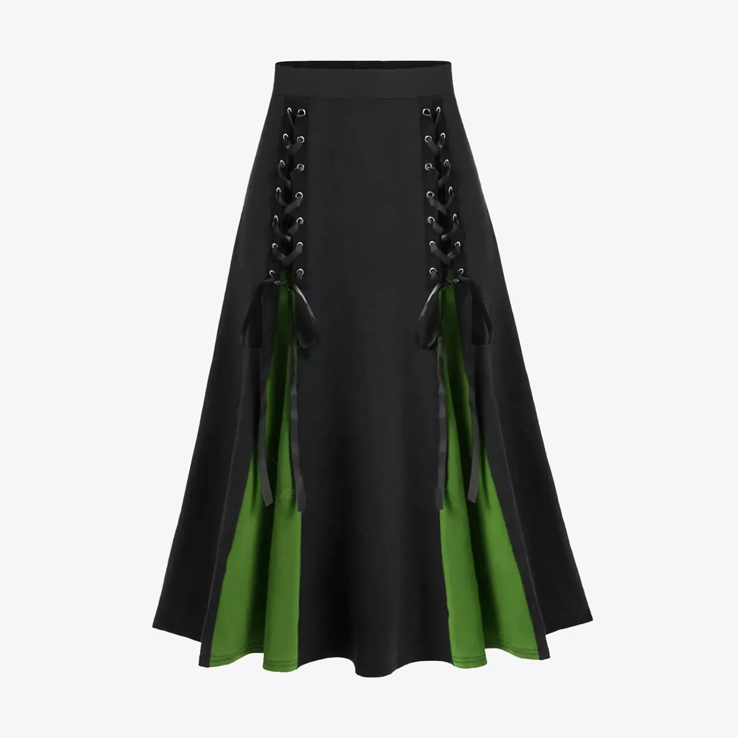 Womens Gothic Long Skirts Pleated Patchwork Dresses Medieval Lace Up Midi Pleated Skirts Victorian Steampunk Skirts