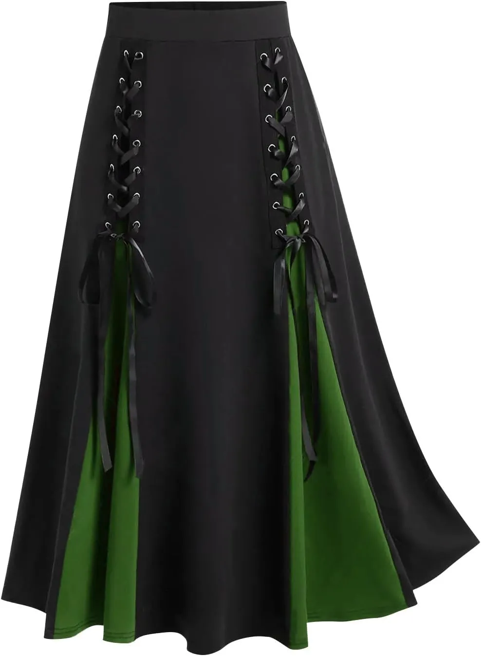 Womens Gothic Long Skirts Pleated Patchwork Dresses Medieval Lace Up Midi Pleated Skirts Victorian Steampunk Skirts