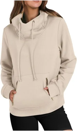Womens High Collar Hoodies Plain Long Sleeve Pullover Classic Fit Soft Sweatshirts Daily Dressy Casual Tops