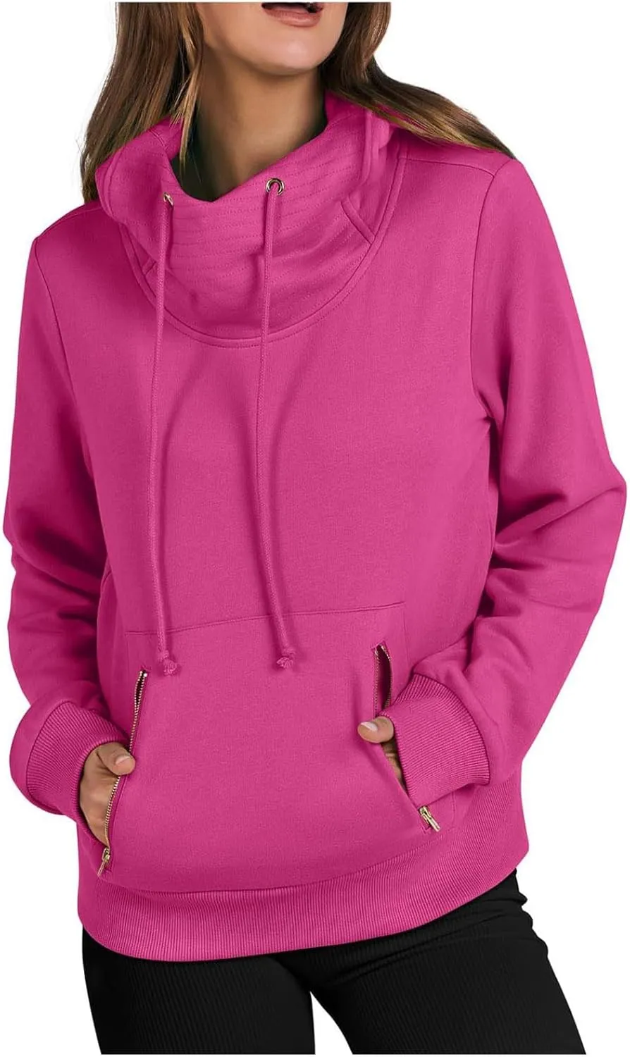 Womens High Collar Hoodies Plain Long Sleeve Pullover Classic Fit Soft Sweatshirts Daily Dressy Casual Tops