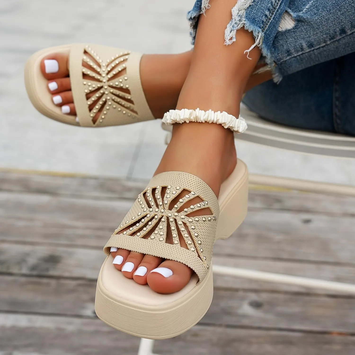 Womens Knit Slides Sandals with Plantar Fasciitis Open Toe Breathable Platform Sandals Casual Yoga Mat Thick Cushion Slippers Sparkling Shoes Slip On Indoor Outdoor