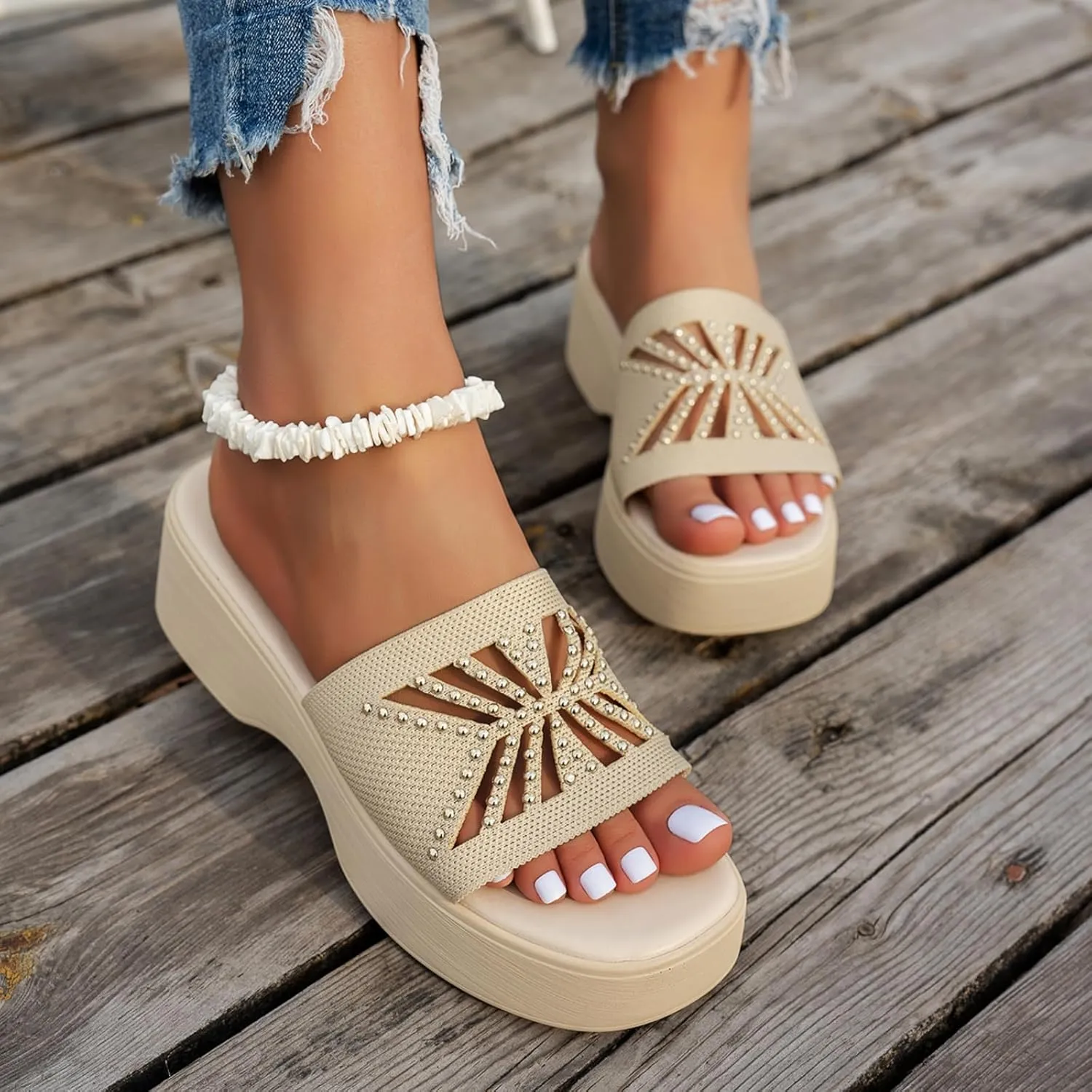 Womens Knit Slides Sandals with Plantar Fasciitis Open Toe Breathable Platform Sandals Casual Yoga Mat Thick Cushion Slippers Sparkling Shoes Slip On Indoor Outdoor